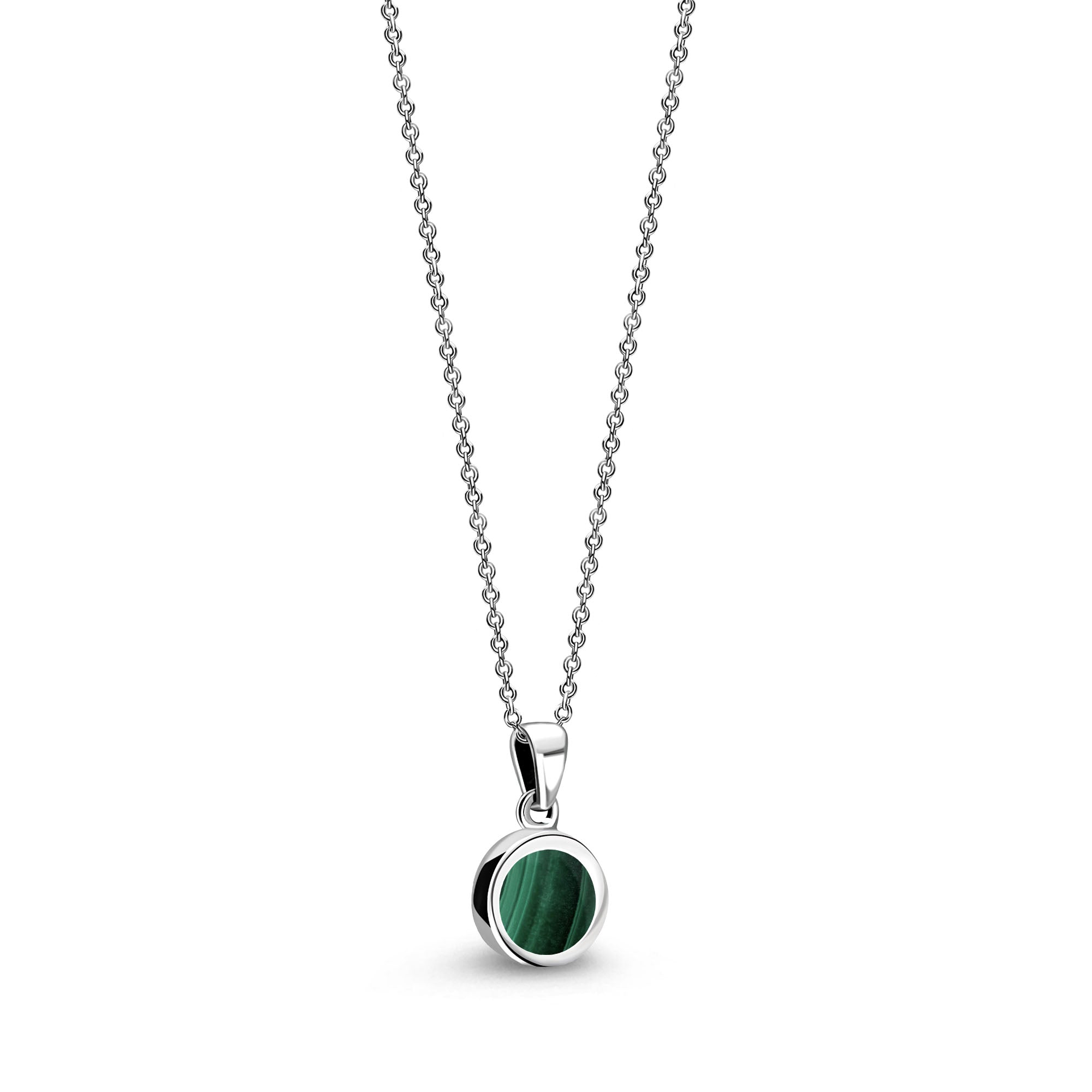 Sterling Silver Whitby Jet & Malachite Double-Sided Plain Round Pendant