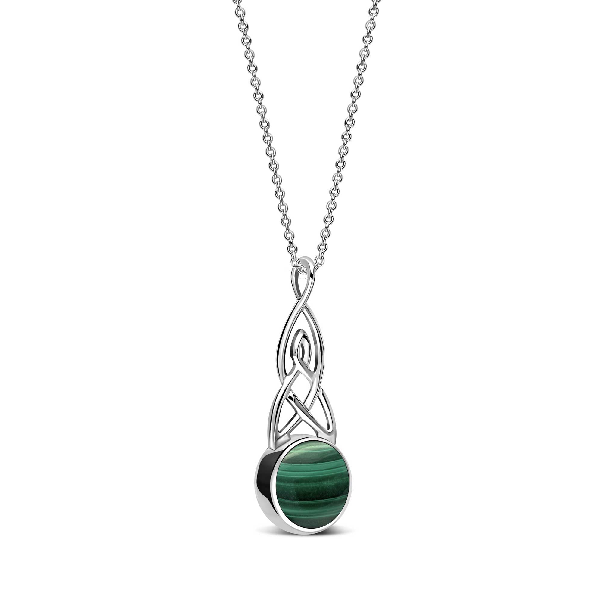 Sterling Silver Whitby Jet & Malachite Long Celtic Round Double Sided Pendant