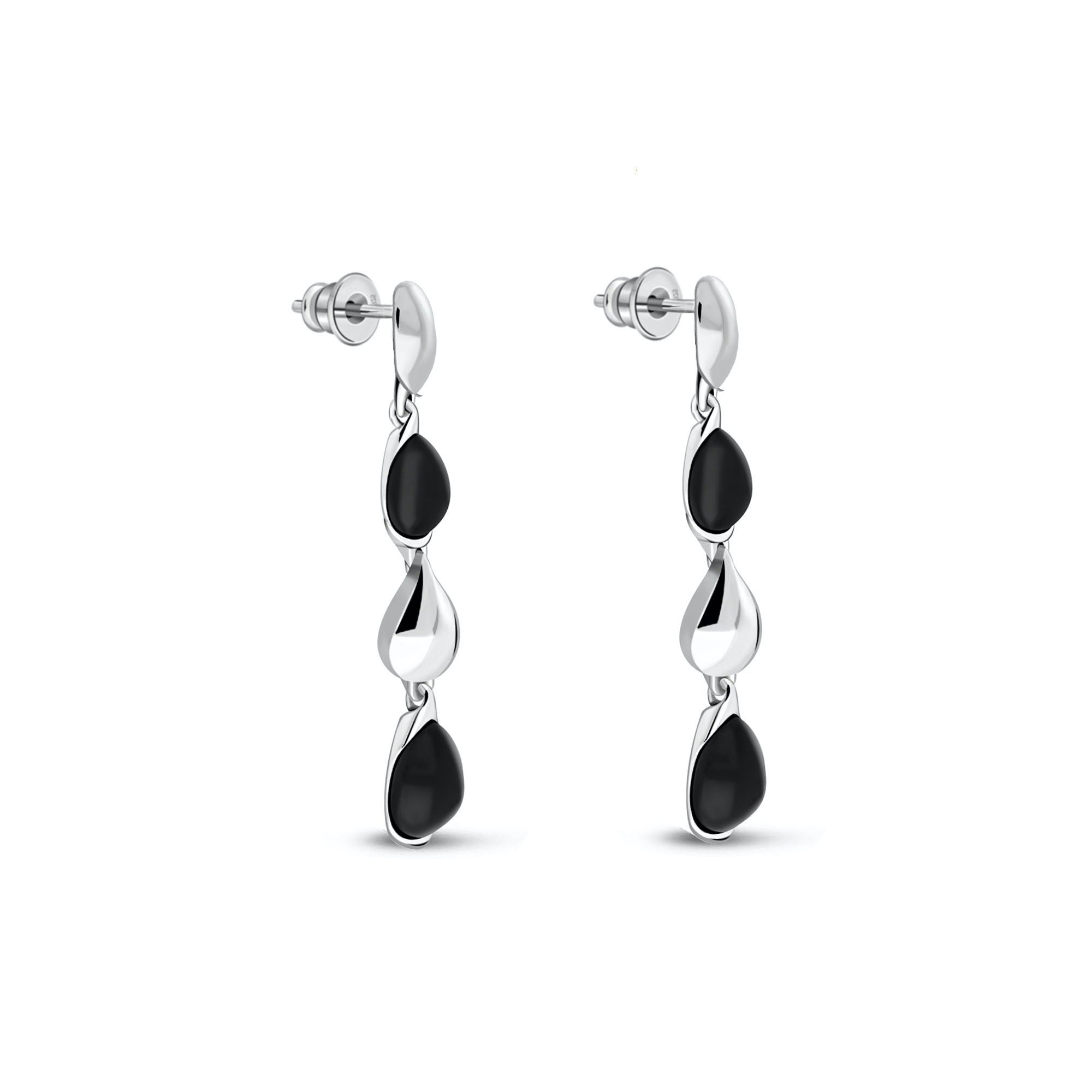 Sterling Silver Whitby Jet Three Pear Drop Earrings