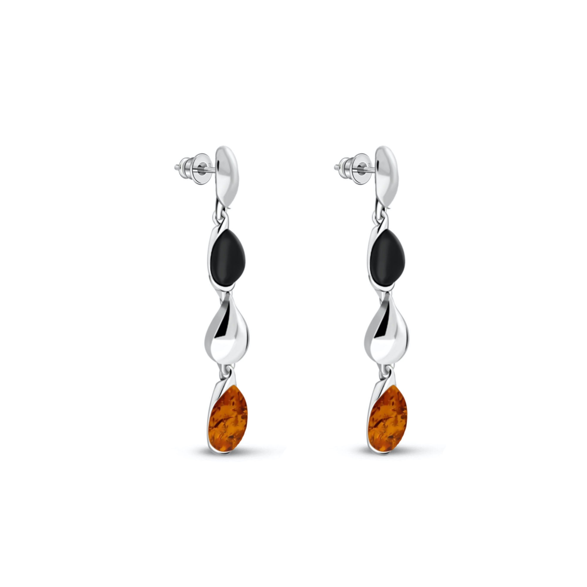 Sterling Silver Whitby Jet & Amber Three Pear Drop Earrings