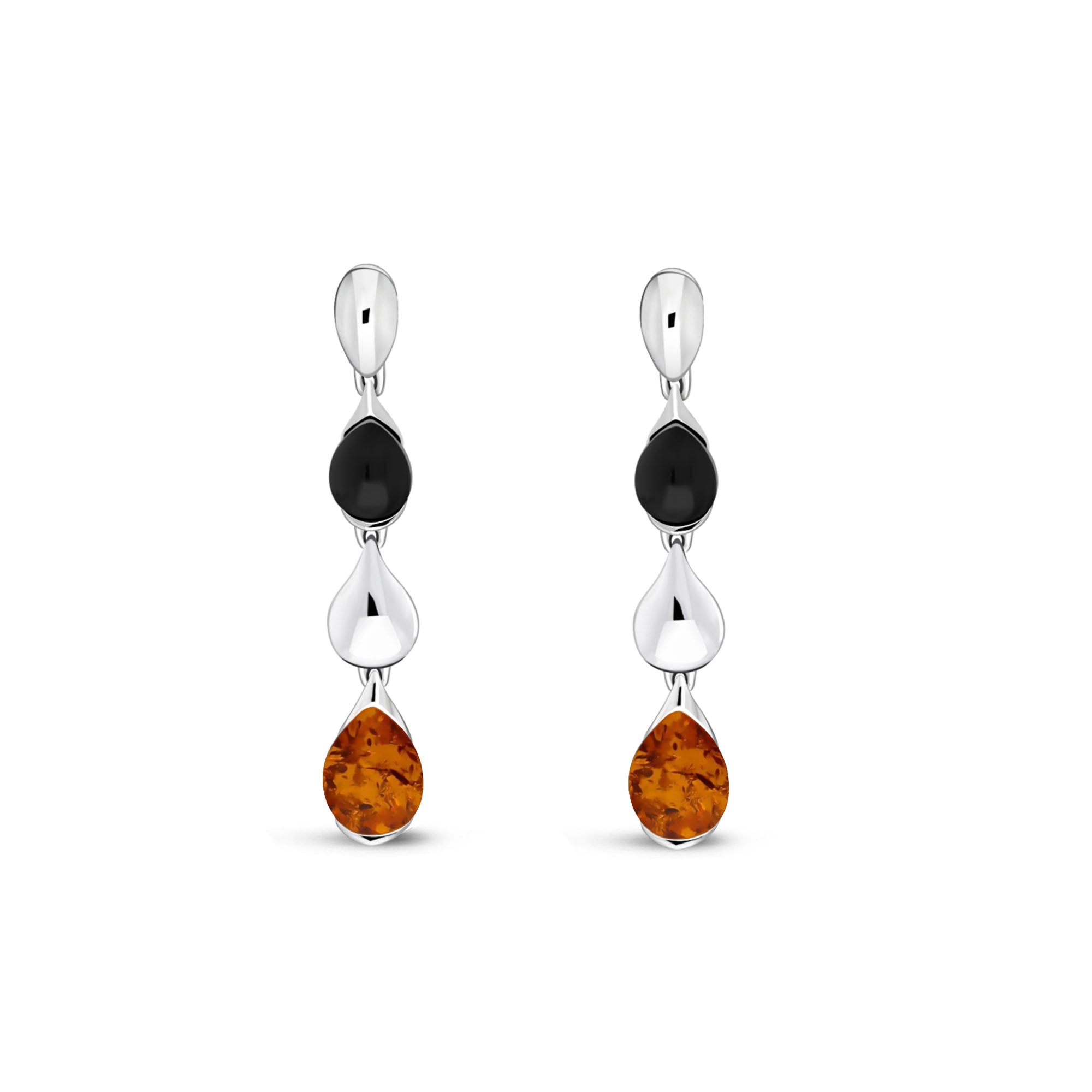 Sterling Silver Whitby Jet & Amber Three Pear Drop Earrings