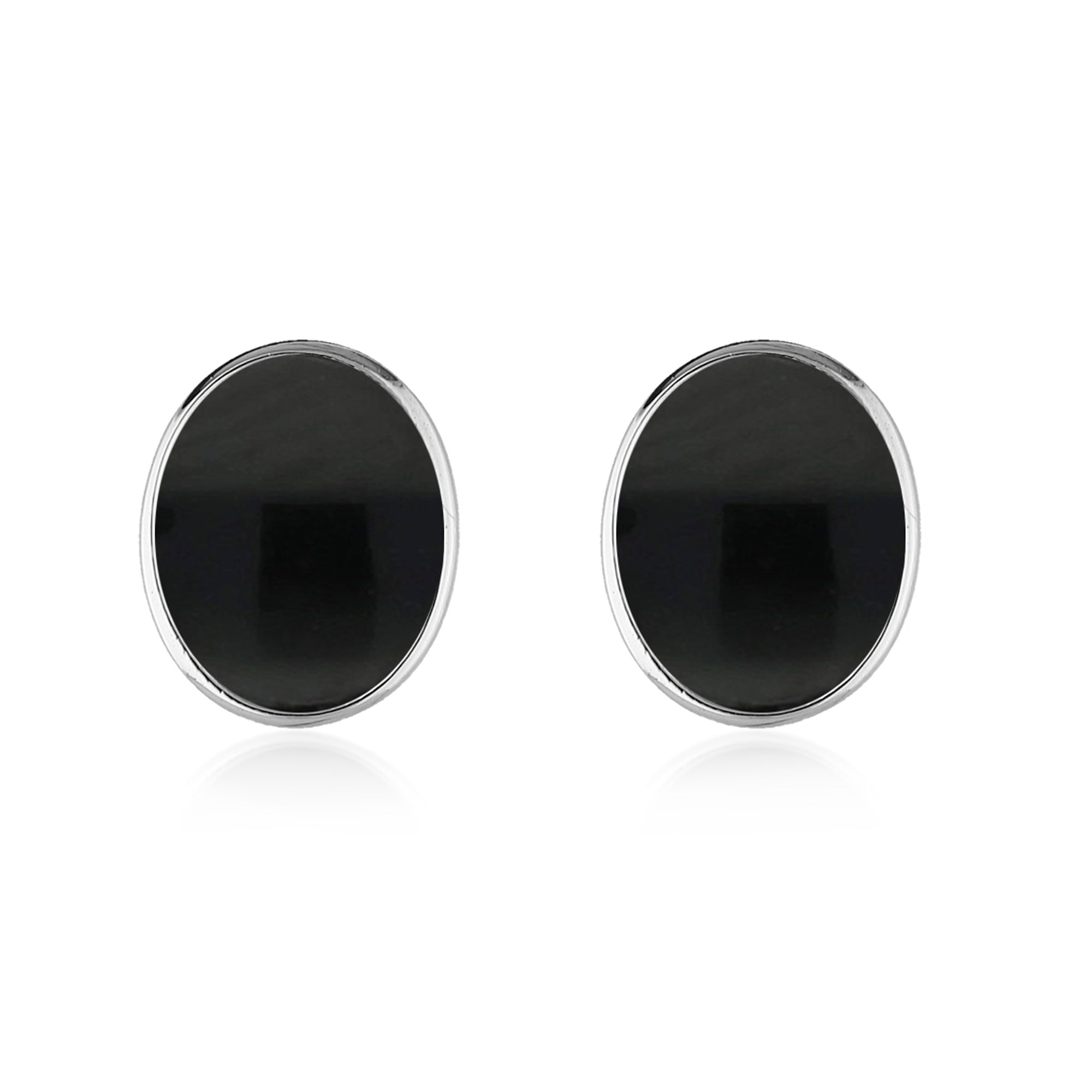 Sterling Silver Whitby Jet Large Plain Oval Stud Earrings